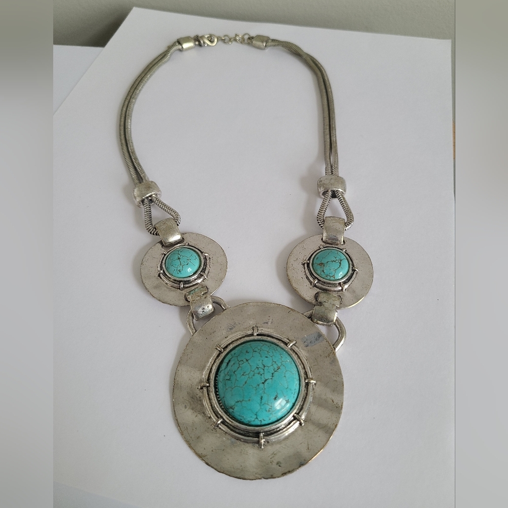 Vintage Boho Western Large Turquoise Silver Chunky Ethnic Statement Necklace